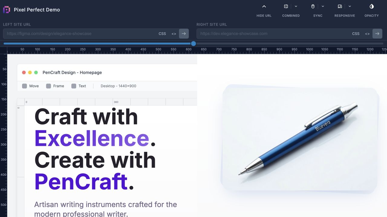 Pixel Perfect comparison demo showing the PenCraft design and website